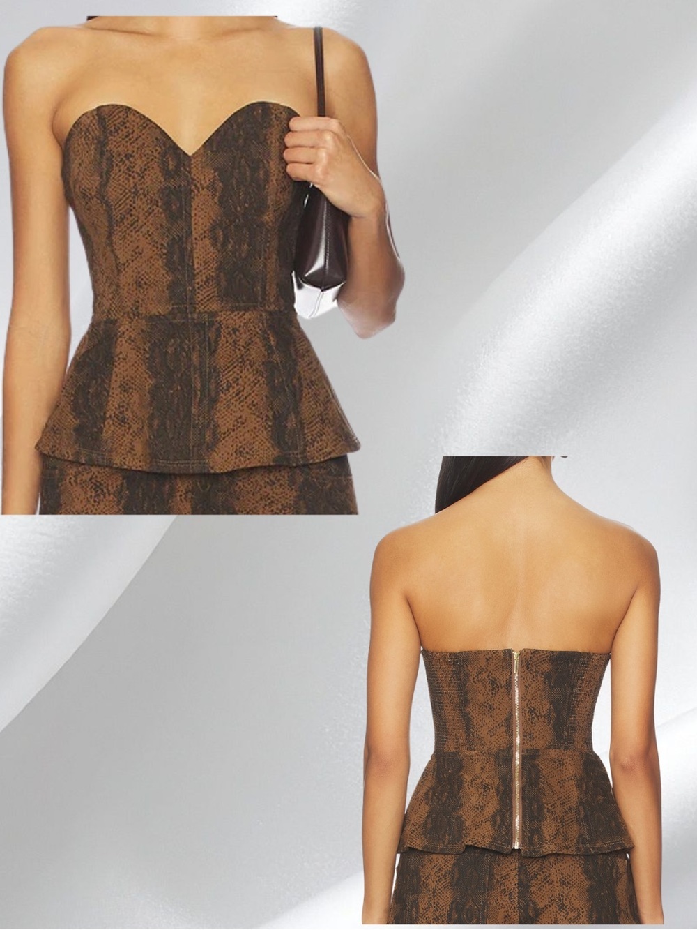 Rocker chic Sweetheart strapless Top peplum hem Brown snake animal print size XL